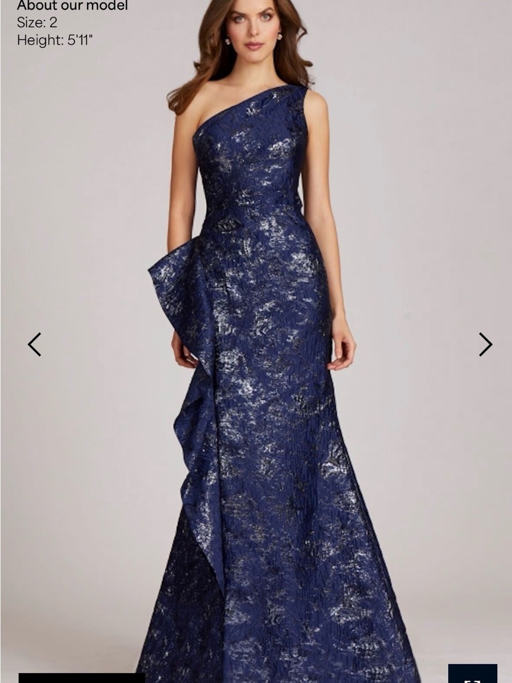 Teri Jon Navy Blue One-Shoulder Metallic Evening Gown